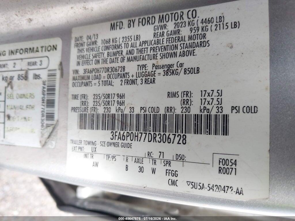 3FA6P0H77DR306728 2013 FORD FUSION photo no. 9