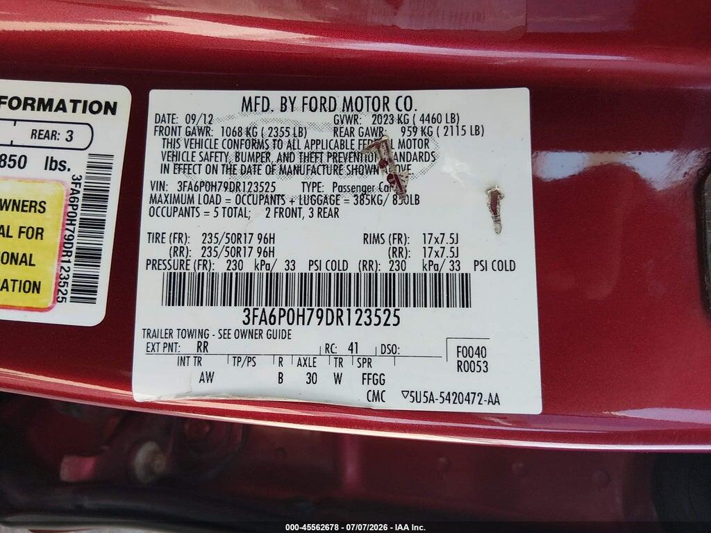 3FA6P0H79DR123525 2013 FORD FUSION photo no. 9