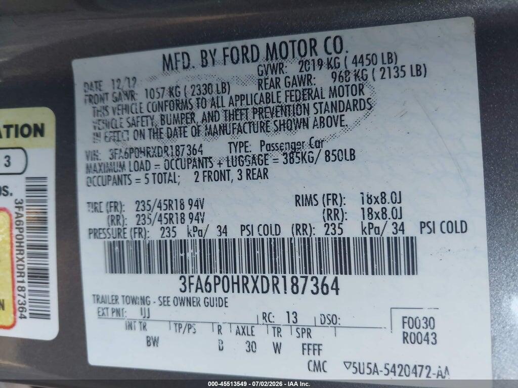 3FA6P0HRXDR187364 2013 FORD FUSION photo no. 9