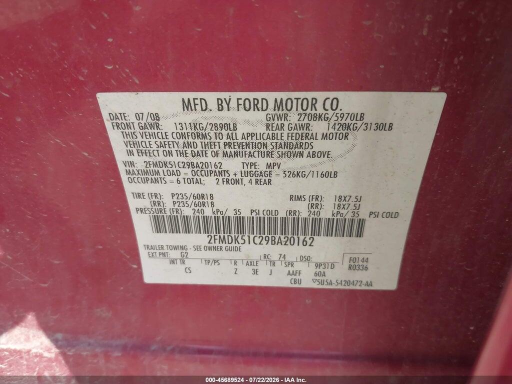 2FMDK51C29BA20162 2009 FORD FLEX photo no. 9