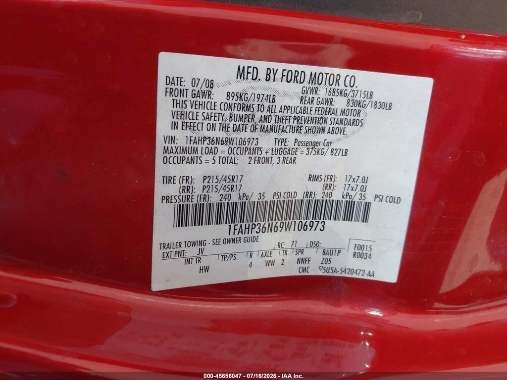 1FAHP36N69W106973 2009 FORD FOCUS photo no. 9