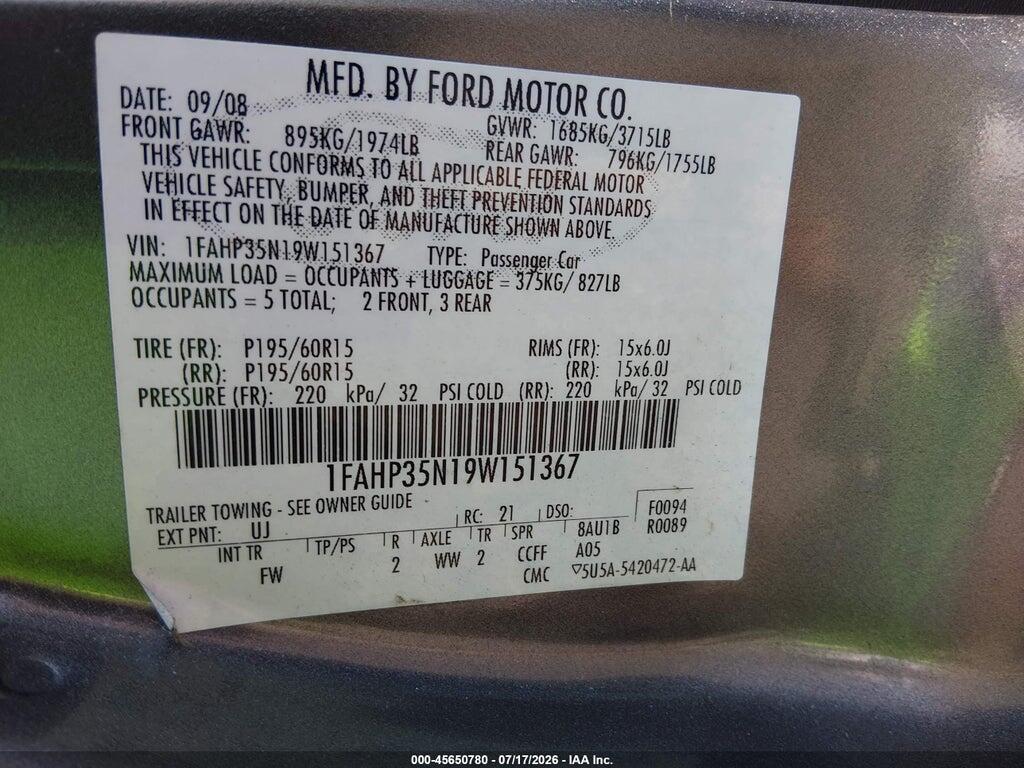 1FAHP35N19W151367 2009 FORD FOCUS photo no. 9