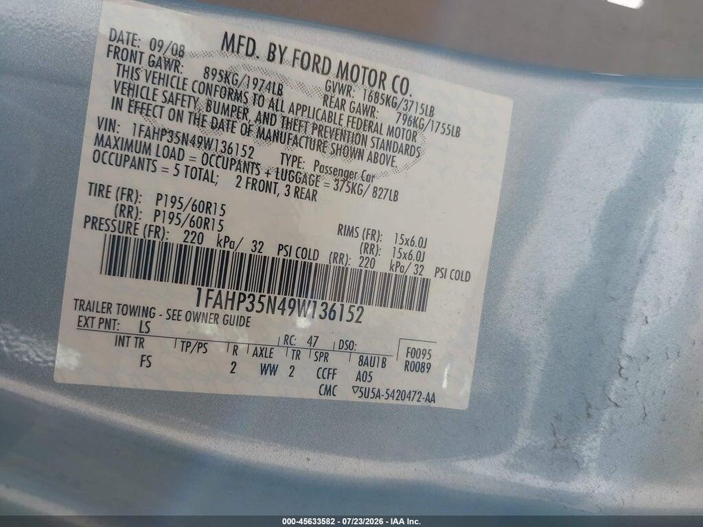 1FAHP35N49W136152 2009 FORD FOCUS photo no. 9