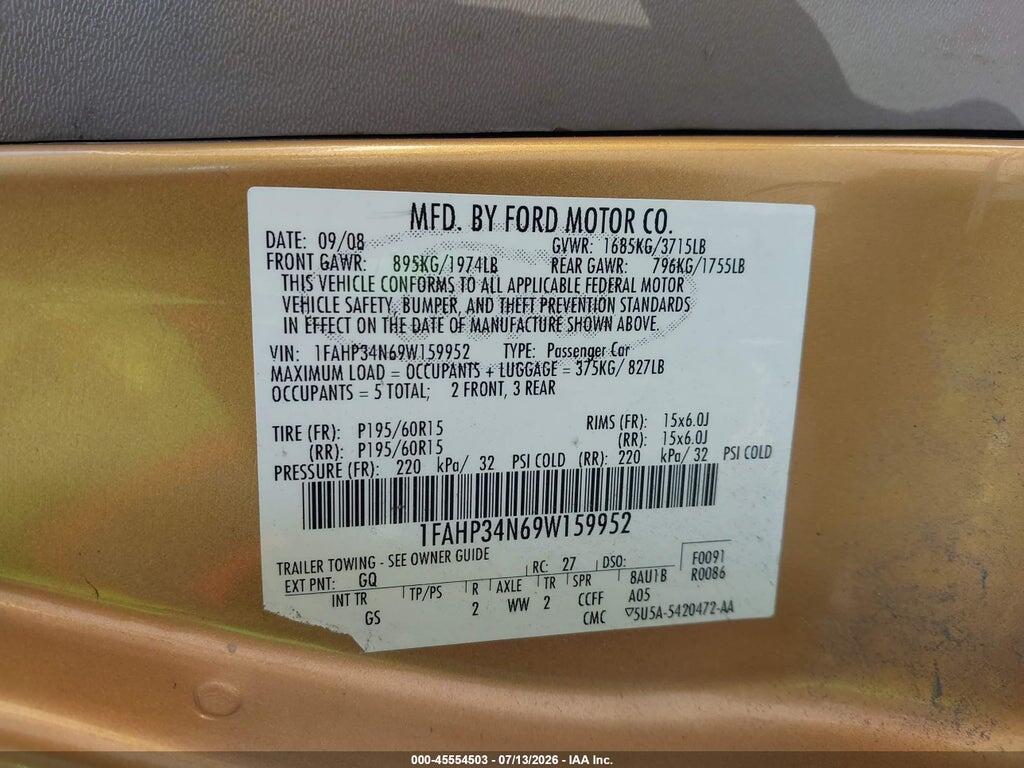 1FAHP34N69W159952 2009 FORD FOCUS photo no. 9