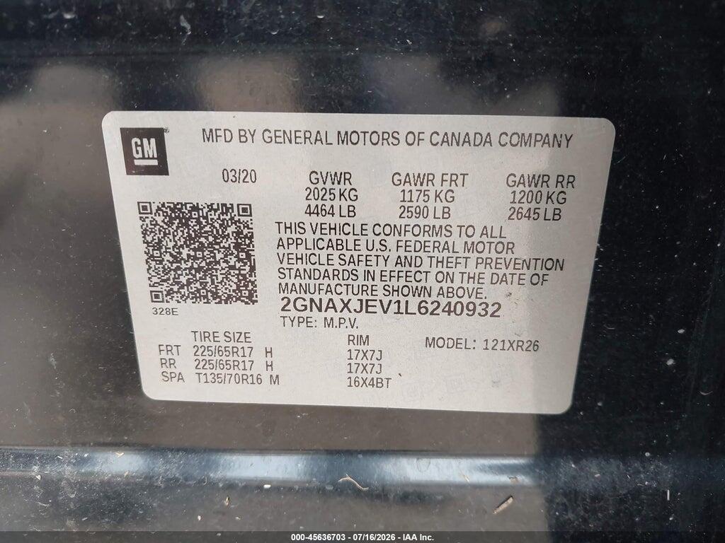 2GNAXJEV1L6240932 2020 CHEVROLET EQUINOX photo no. 9