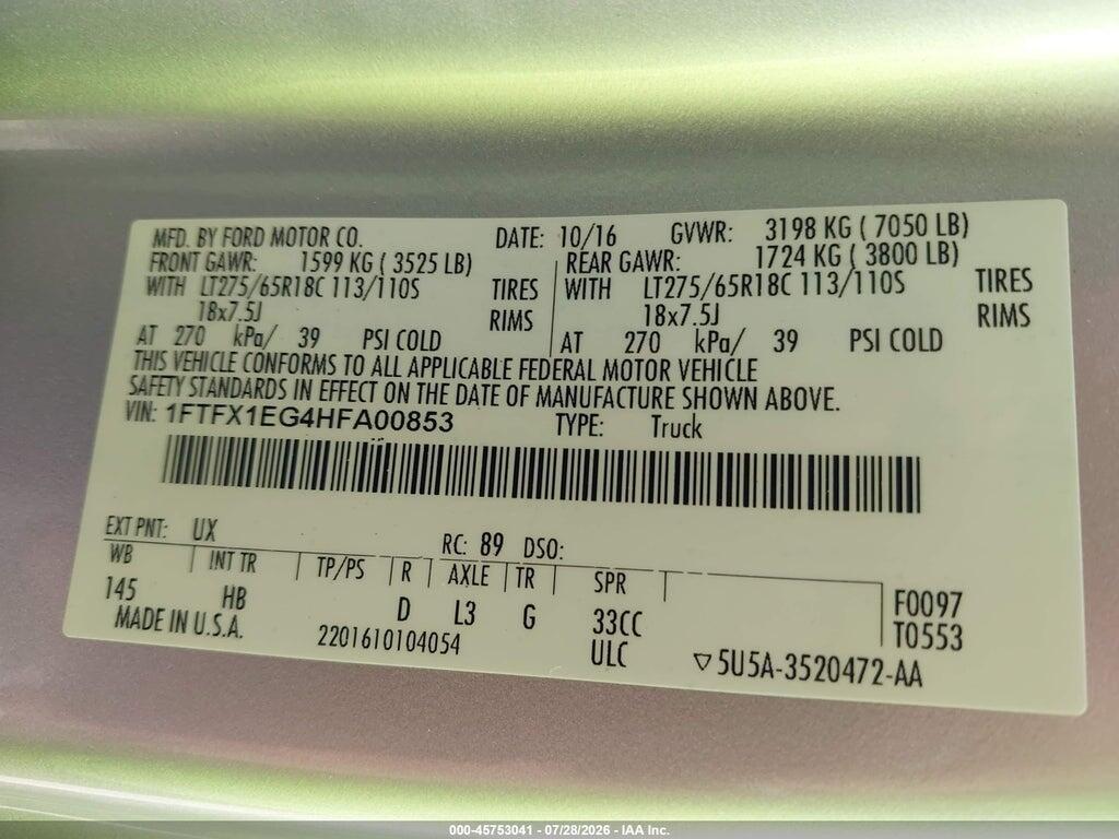 1FTFX1EG4HFA00853 2017 FORD F-150 photo no. 9