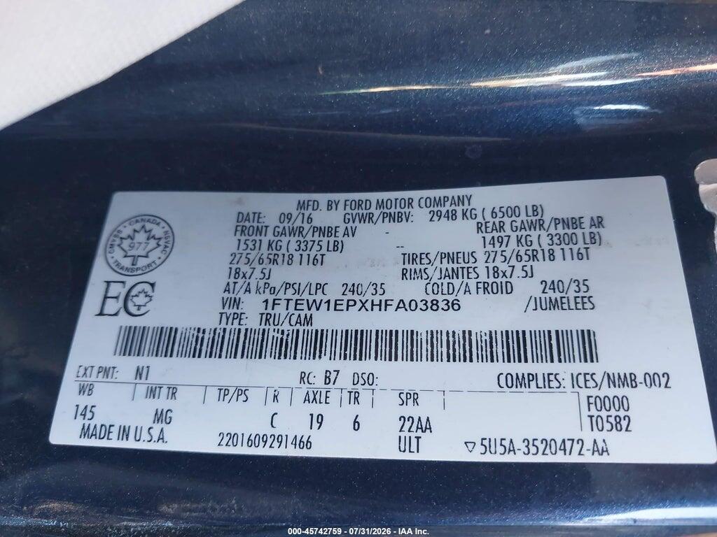 1FTEW1EPXHFA03836 2017 FORD F-150 photo no. 9