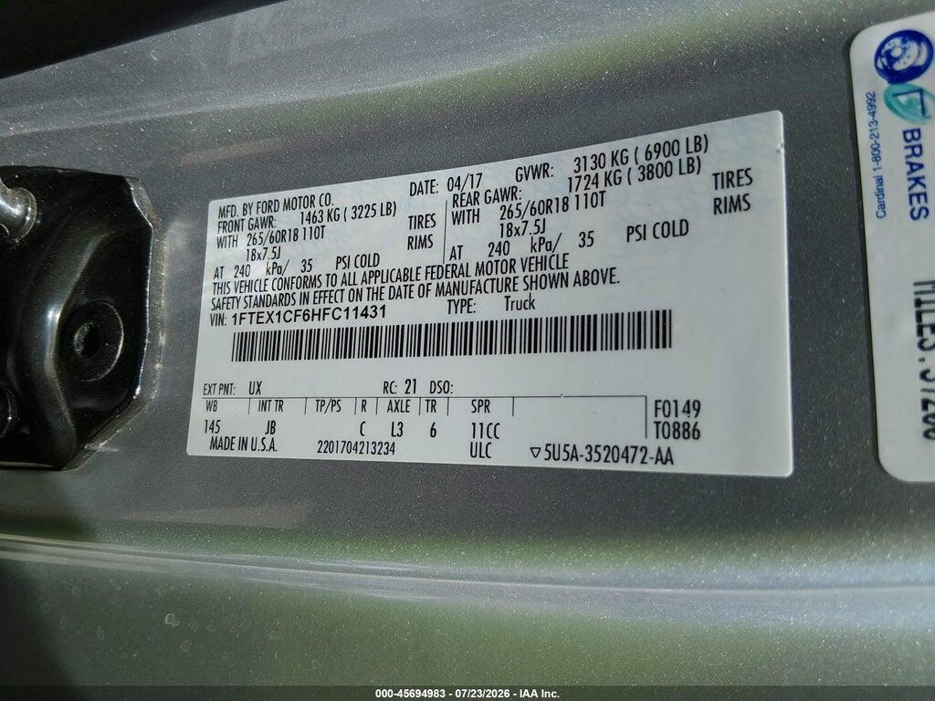 1FTEX1CF6HFC11431 2017 FORD F-150 photo no. 9