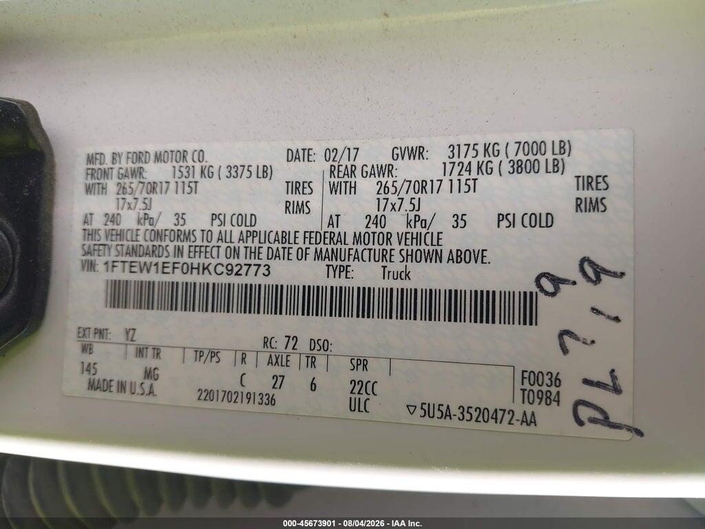 1FTEW1EF0HKC92773 2017 FORD F-150 photo no. 9