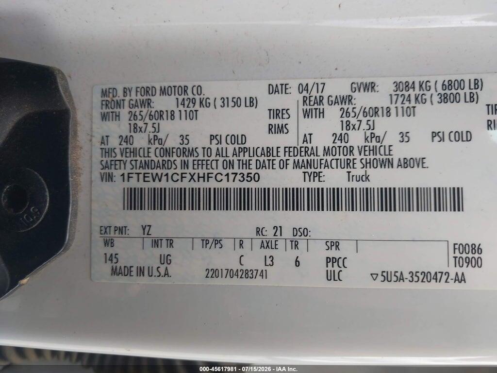 1FTEW1CFXHFC17350 2017 FORD F-150 photo no. 9