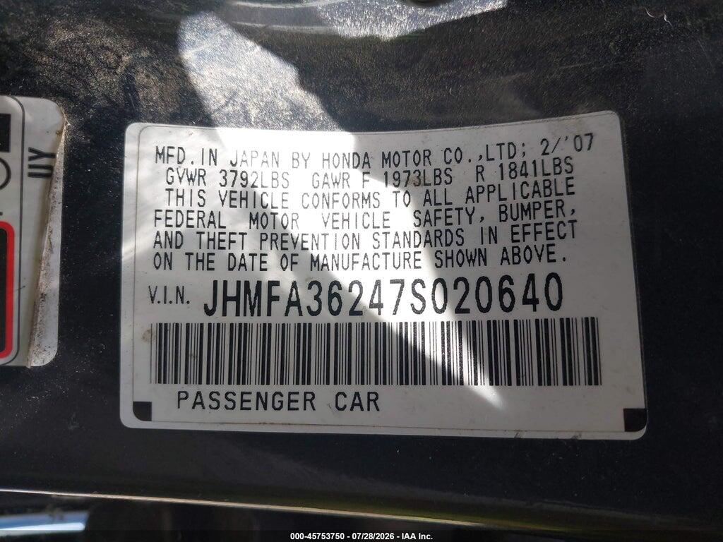 JHMFA36247S020640 2007 HONDA CIVIC HYBRID photo no. 9