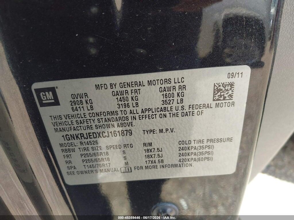 1GNKRJEDXCJ161879 2012 CHEVROLET TRAVERSE photo no. 9