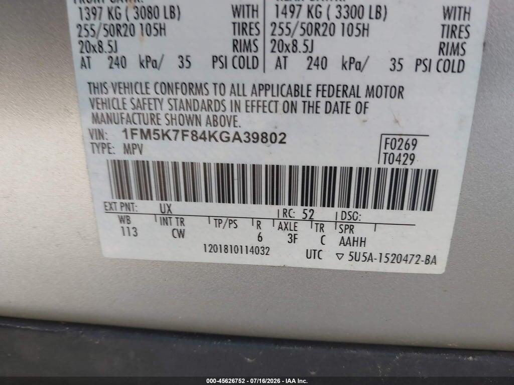 1FM5K7F84KGA39802 2019 FORD EXPLORER photo no. 9