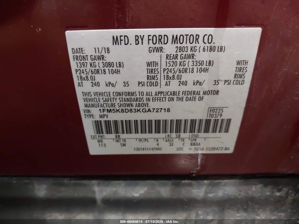 1FM5K8D83KGA72718 2019 FORD EXPLORER photo no. 9