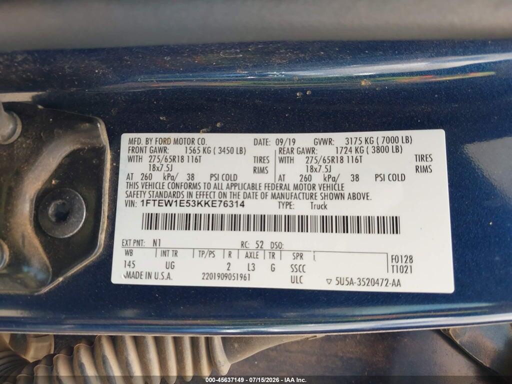 1FTEW1E53KKE76314 2019 FORD F-150 photo no. 9