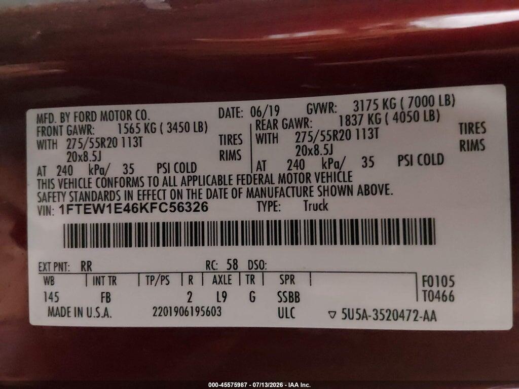 1FTEW1E46KFC56326 2019 FORD F-150 photo no. 9