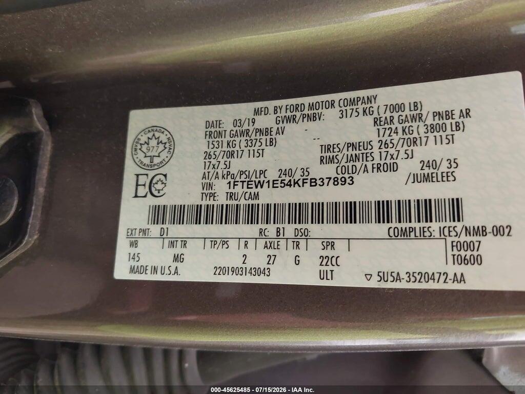 1FTEW1E54KFB37893 2019 FORD F-150 photo no. 9