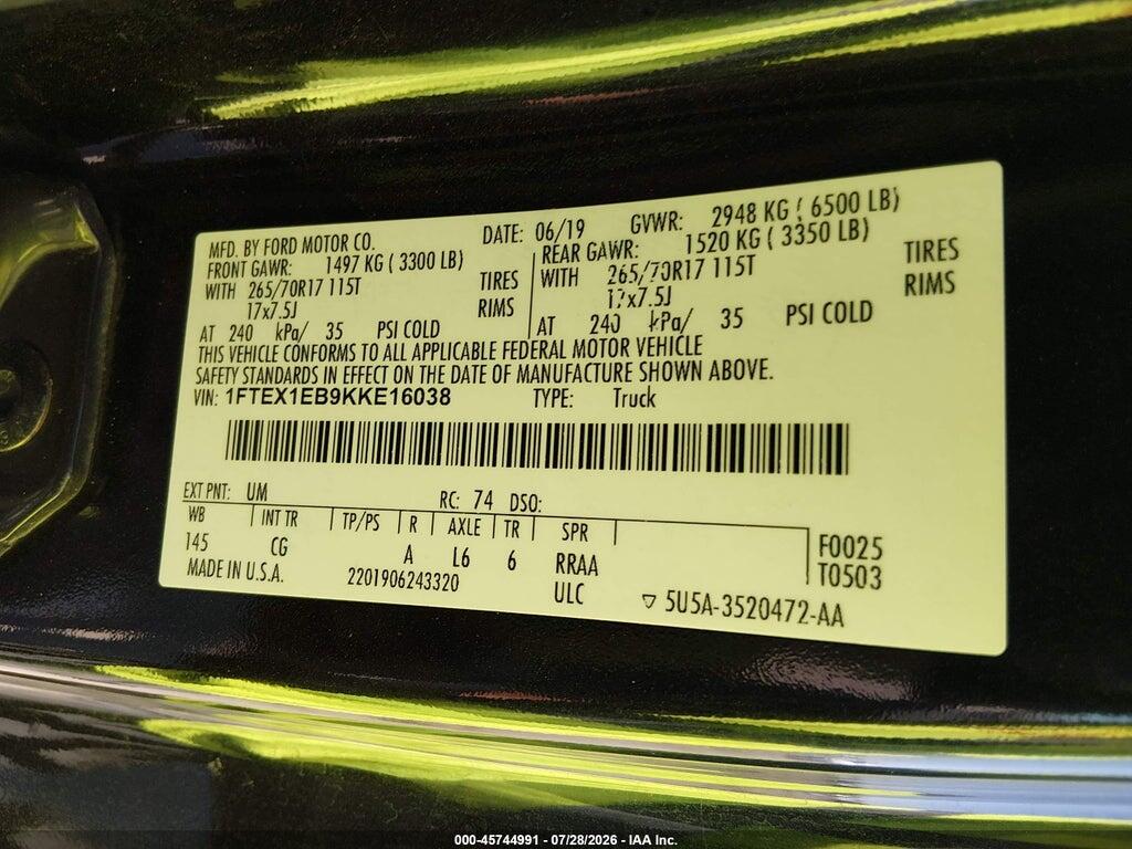 1FTEX1EB9KKE16038 2019 FORD F-150 photo no. 9