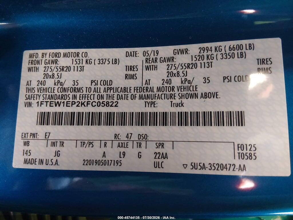 1FTEW1EP2KFC05822 2019 FORD F-150 photo no. 9