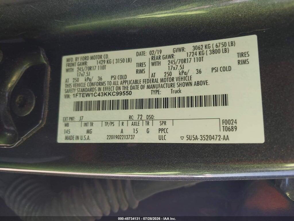 1FTEW1C43KKC99550 2019 FORD F-150 photo no. 9