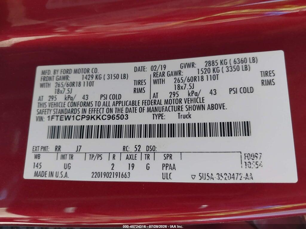 1FTEW1CP9KKC96503 2019 FORD F-150 photo no. 9