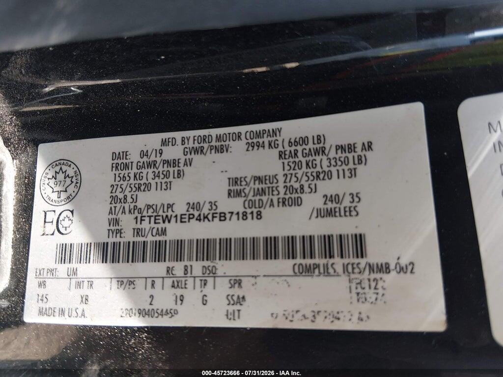 1FTEW1EP4KFB71818 2019 FORD F-150 photo no. 9