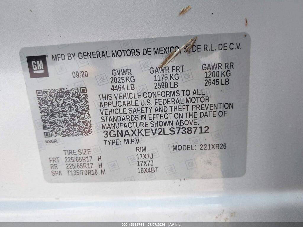3GNAXKEV2LS738712 2020 CHEVROLET EQUINOX photo no. 9