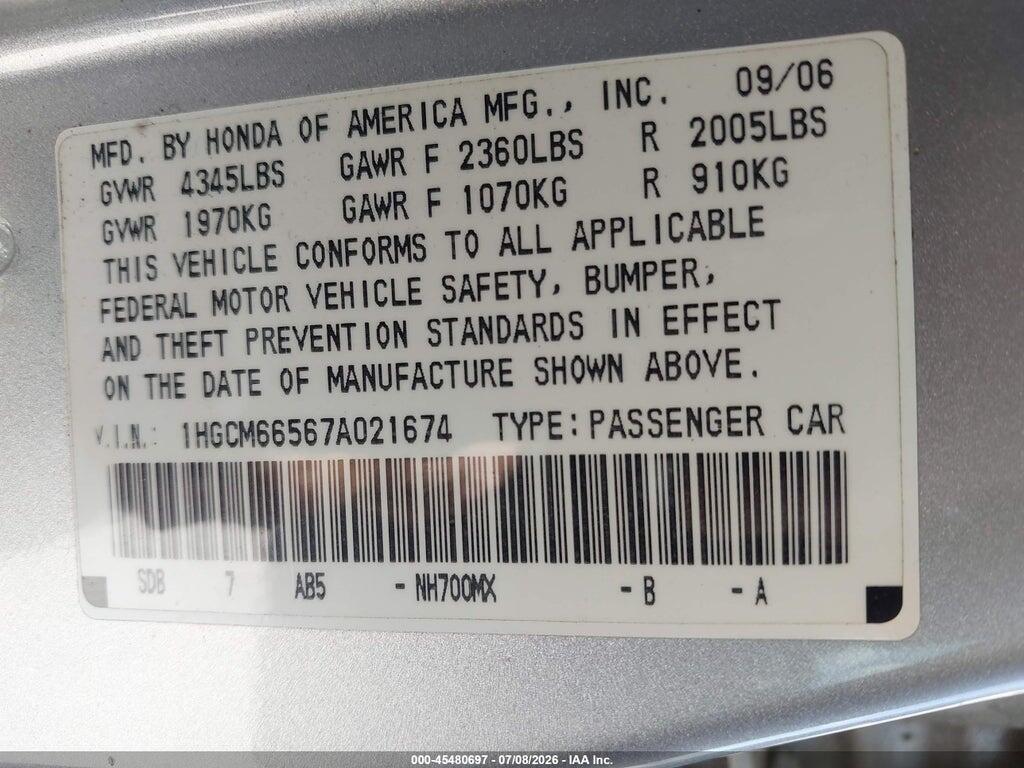1HGCM66567A021674 2007 HONDA ACCORD photo no. 9