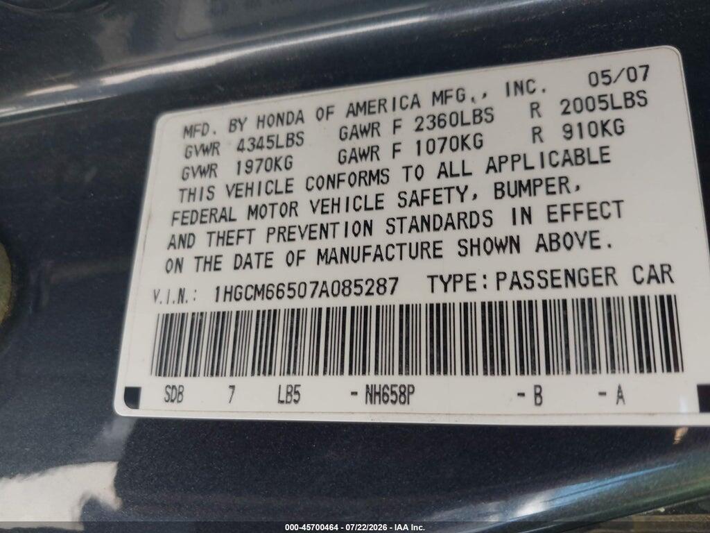 1HGCM66507A085287 2007 HONDA ACCORD photo no. 9