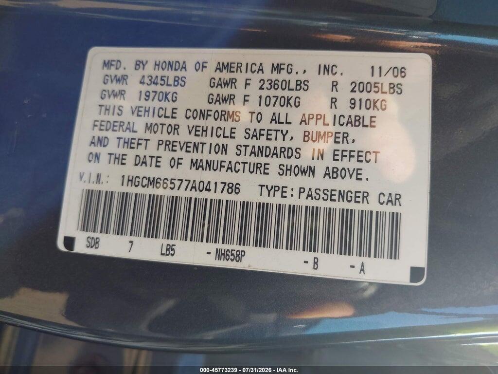 1HGCM66577A041786 2007 HONDA ACCORD photo no. 9