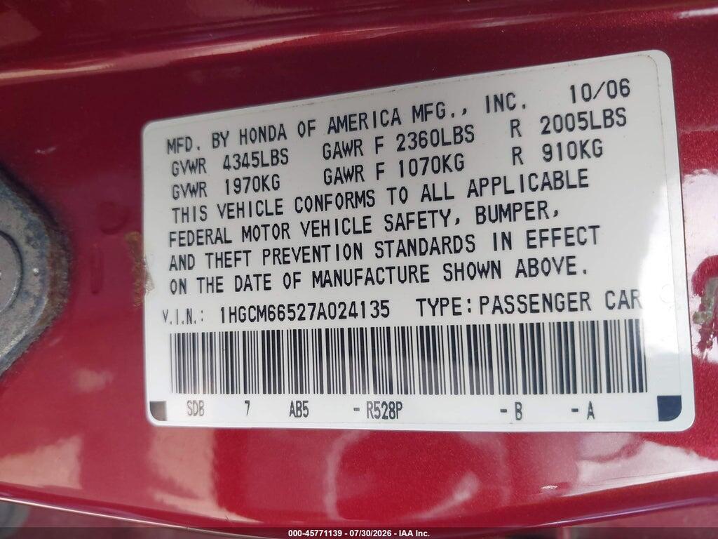 1HGCM66527A024135 2007 HONDA ACCORD photo no. 9