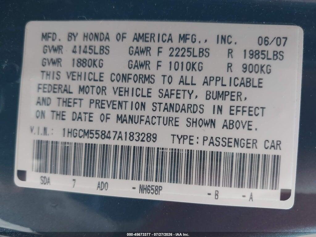 1HGCM55847A183289 2007 HONDA ACCORD photo no. 9