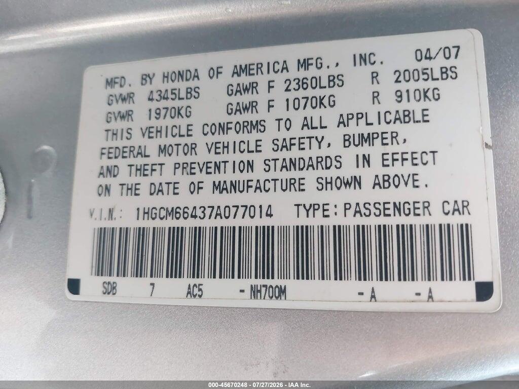 1HGCM66437A077014 2007 HONDA ACCORD photo no. 9