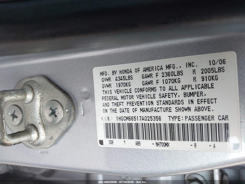 1HGCM66517A025356 2007 HONDA ACCORD photo no. 9