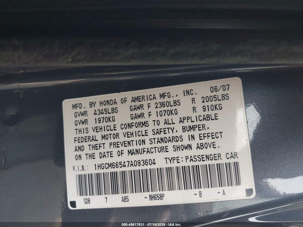 1HGCM66547A093604 2007 HONDA ACCORD photo no. 9