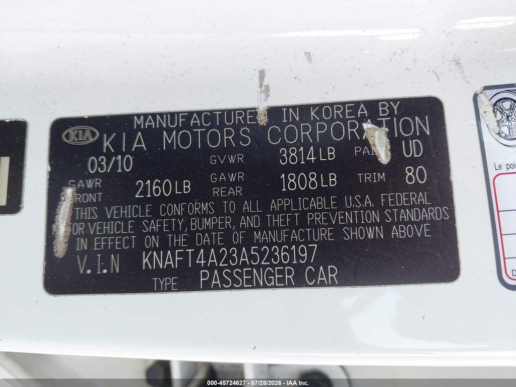 KNAFT4A23A5236197 2010 KIA FORTE photo no. 9