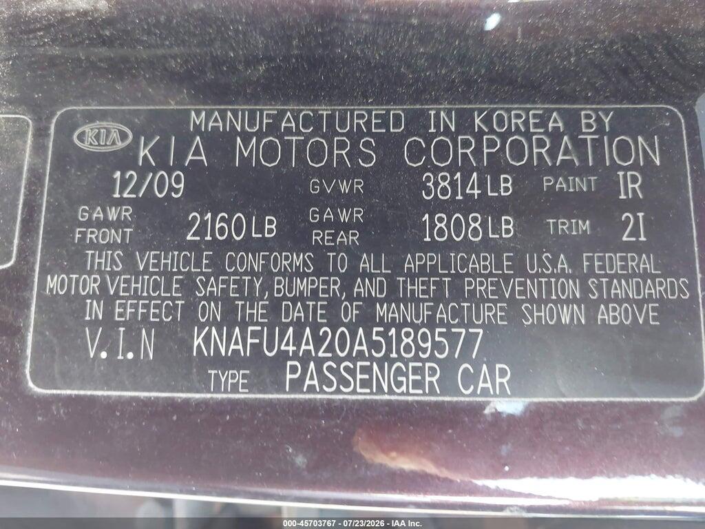KNAFU4A20A5189577 2010 KIA FORTE photo no. 9