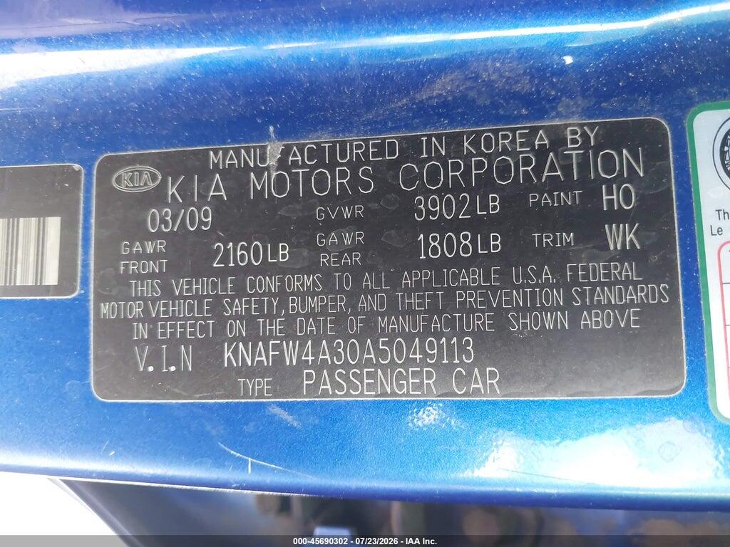 KNAFW4A30A5049113 2010 KIA FORTE photo no. 9