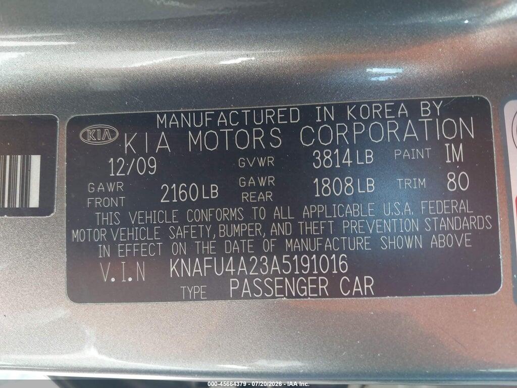 KNAFU4A23A5191016 2010 KIA FORTE photo no. 9