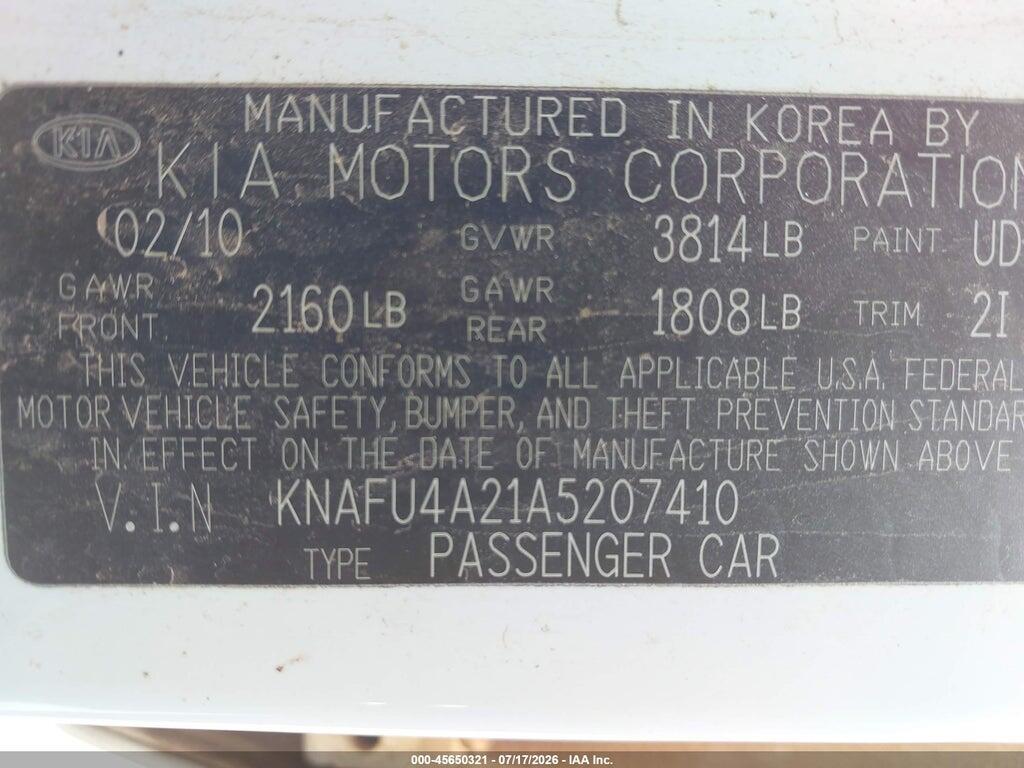KNAFU4A21A5207410 2010 KIA FORTE photo no. 9