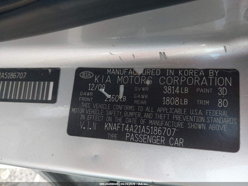 KNAFT4A21A5186707 2010 KIA FORTE photo no. 9