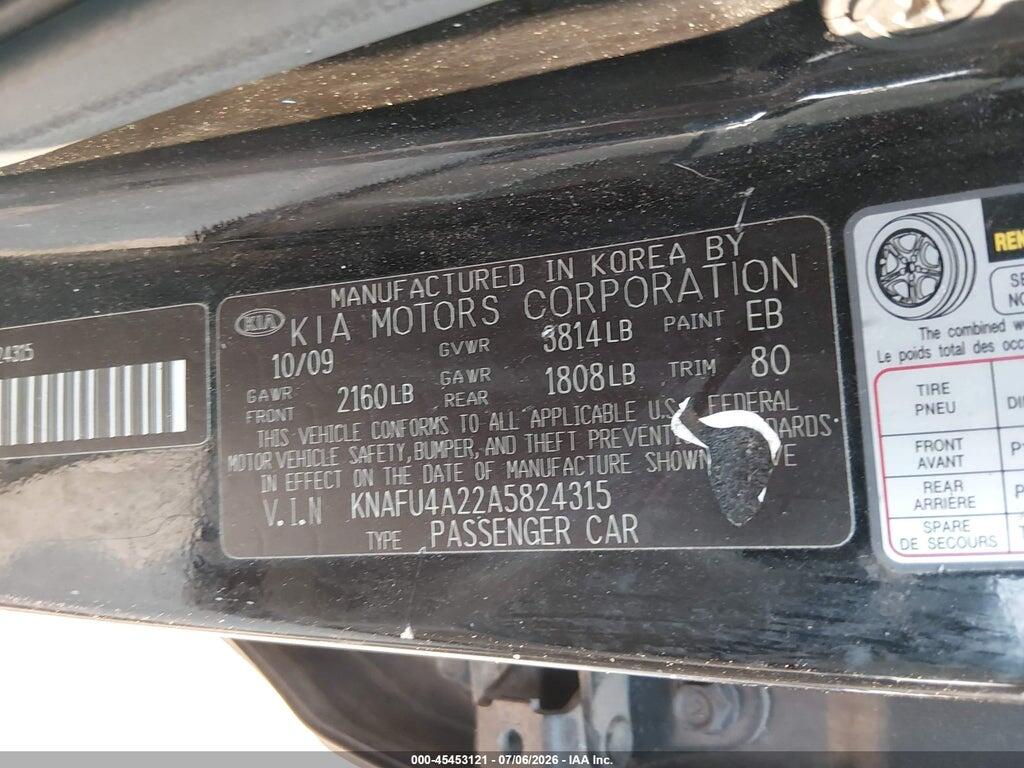 KNAFU4A22A5824315 2010 KIA FORTE photo no. 9