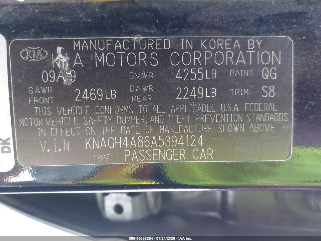 KNAGH4A86A5394124 2010 KIA OPTIMA photo no. 9