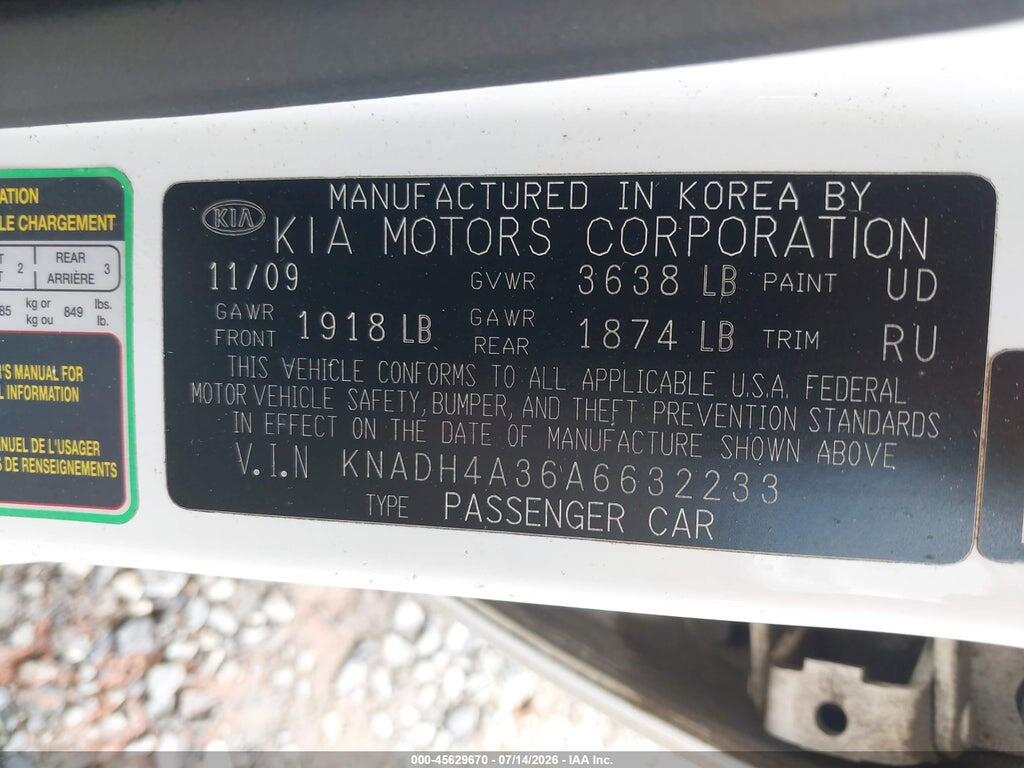 KNADH4A36A6632233 2010 KIA RIO photo no. 9