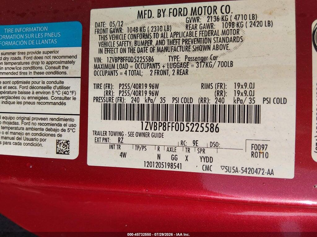 1ZVBP8FF0D5225586 2013 FORD MUSTANG photo no. 9