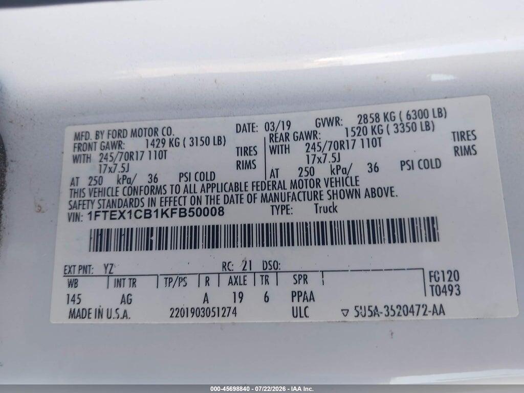 1FTEX1CB1KFB50008 2019 FORD F-150 photo no. 9