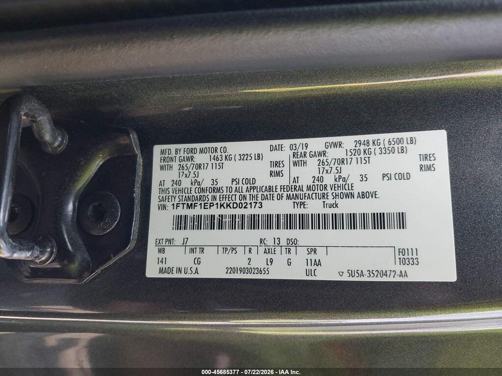 1FTMF1EP1KKD02173 2019 FORD F-150 photo no. 9