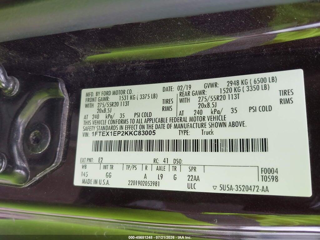 1FTEX1EP2KKC83005 2019 FORD F-150 photo no. 9