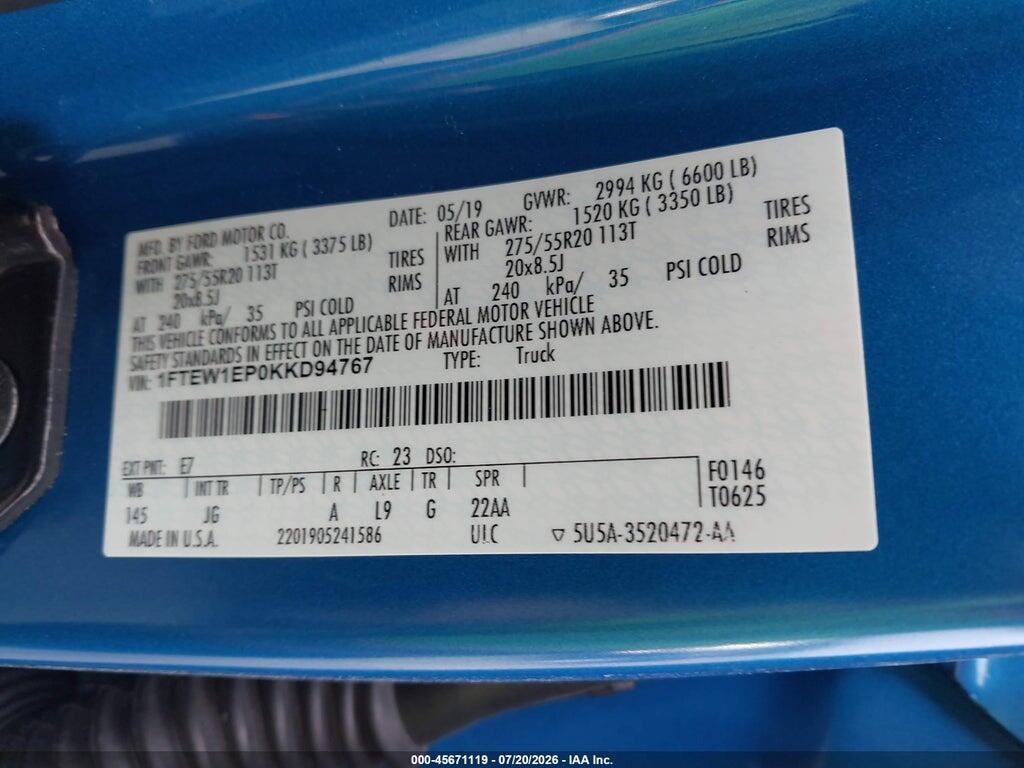 1FTEW1EP0KKD94767 2019 FORD F-150 photo no. 9