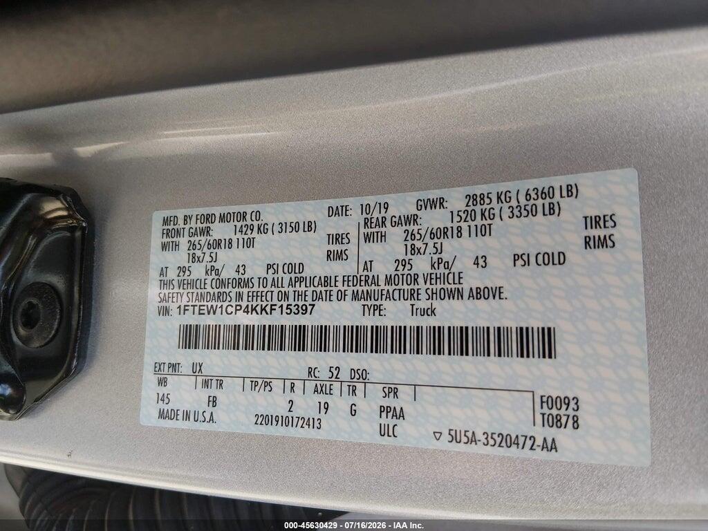 1FTEW1CP4KKF15397 2019 FORD F-150 photo no. 9